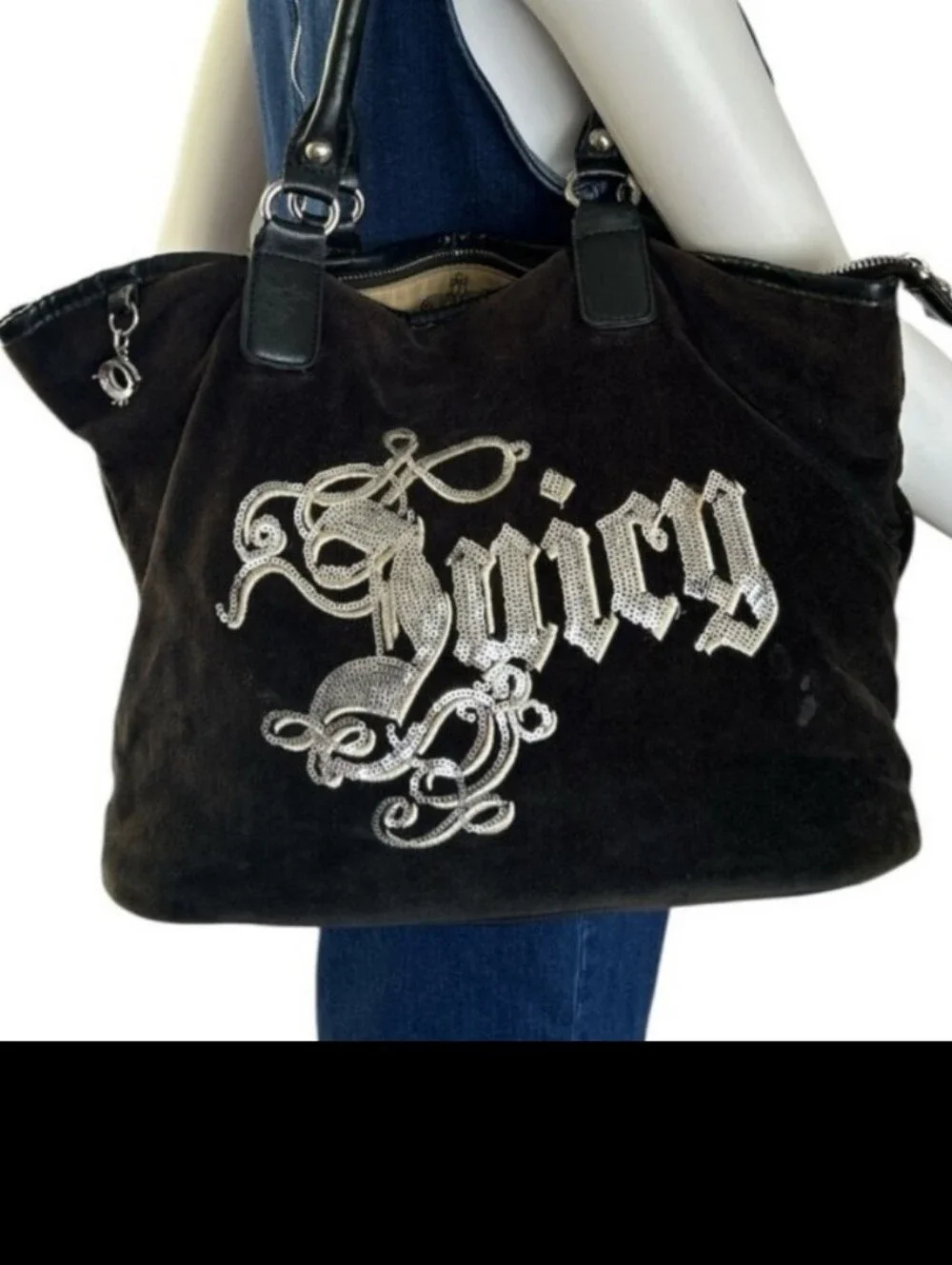 Rare Juicy Couture Y2k Black Velour Tote with Silver Embellished Logo